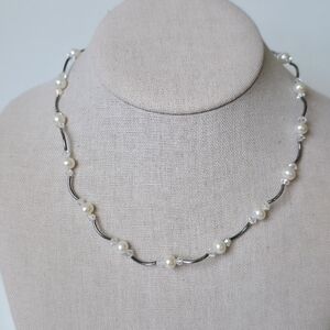 Classic Sterling Silver 925 Faux Pearl Short Choker Style Necklace